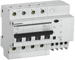 Дифференциальный автоматический выключатель IEK АД14 GENERICA 4П 32А 30мА, тип AC, 4.5кА, C MAD15-4-032-C-030