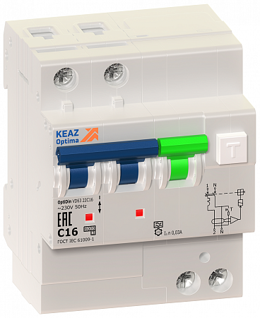 Дифференциальный автоматический выключатель КЭАЗ OptiDin VD63 2П 10А 30мА, тип А, 6кА, C