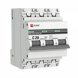Автоматический выключатель EKF ВА 47-63 PROxima 20А 3п 4.5кА, C mcb4763-3-20C-pro