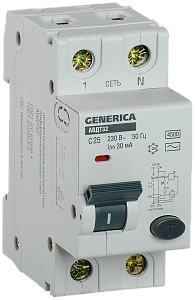Дифференциальный автоматический выключатель IEK АВДТ32 GENERICA 1П+N 25А 30мА, тип AC, 6кА, C MAD25-5-025-C-30