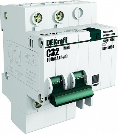 Дифференциальный автоматический выключатель DEKraft ДИФ-101 2П 50А 100мА, тип AC, 4.5кА, C