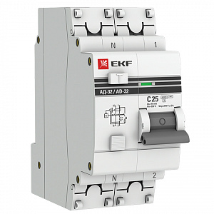 Дифференциальный автоматический выключатель EKF АД-32 PROxima 1П+N 25А 10мА, тип AC, 4.5кА, C DA32-25-10-pro