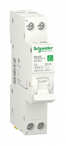 Дифференциальный автоматический выключатель Schneider Electric Resi9 1П+N 6А 30мА, тип AC, 6кА, C R9D87606