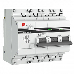 Дифференциальный автоматический выключатель EKF АД-32 PROxima 3П+N 63А 30мА, тип AC, 4.5кА, C DA32-63-30-4P-pro
