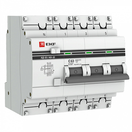 Дифференциальный автоматический выключатель EKF АД-32 PROxima 3П+N 63А 30мА, тип AC, 4.5кА, C