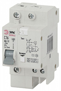 Дифференциальный автоматический выключатель ЭРА 2п (1P+N) C 16А 30мА тип AC SIMPLE-mod-29 Б0039287