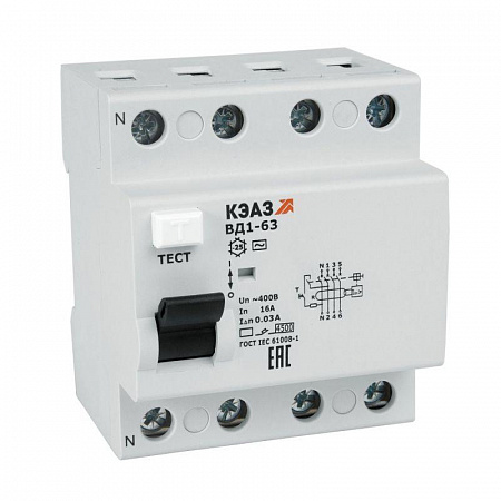 Выключатель дифференциального тока КЭАЗ ВД1-63 4п 25А 30мА тип AC, ВД1-63-4225-АС-УХЛ4