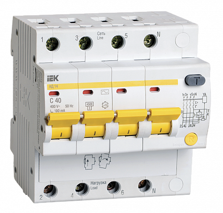 Дифференциальный автоматический выключатель IEK АД14 4П 40А 100мА, тип AC, 4.5кА, C