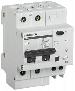 Дифференциальный автоматический выключатель IEK АД12 GENERICA 2П 32А 30мА, тип AC, 4.5кА, C MAD15-2-032-C-030