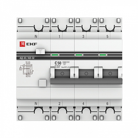 Дифференциальный автоматический выключатель EKF АД-32 PROxima 3П+N 50А 30мА, тип AC, 4.5кА, C