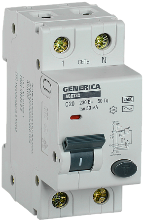 Дифференциальный автоматический выключатель IEK АВДТ32 GENERICA 1П+N 20А 30мА, тип AC, 6кА, C