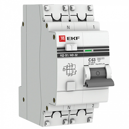 Дифференциальный автоматический выключатель EKF АД-32 PROxima 1П+N 63А 100мА, тип AC, 4.5кА, C