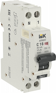 Дифференциальный автоматический выключатель IEK Armat B06S 2п 16А C 30мА тип A 6кА AR-B06S-1N-C16A030