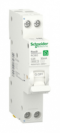 Дифференциальный автоматический выключатель Schneider Electric Resi9 1П+N 25А 30мА, тип AC, 6кА, C