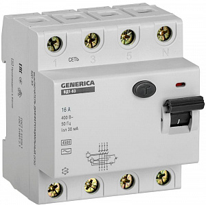 Выключатель дифференциального тока IEK ВД1-63 GENERICA 4П 16А 30мА тип AC MDV15-4-016-030