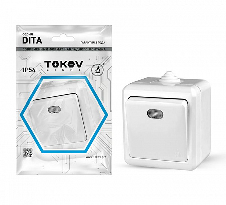 Выключатель 1-клавишный ОП Dita IP54 10А 250В с индикацией бел. TOKOV ELECTRIC