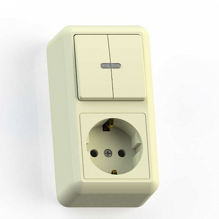 Блок скрытой установки Кунцево-Электро БКВР-433 Оптима слоновая кость, выключатель 2-клавишный с подстветкой, розетка 1-местная с заземлением