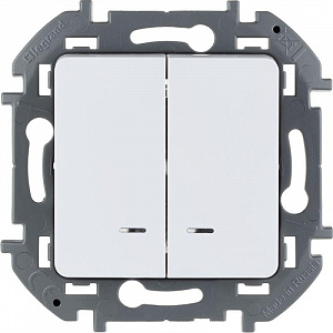 Выключатель двухклавишный с подсветкой/индикацией Legrand Inspiria 10А 250В безвинтовые зажимы белый 673630