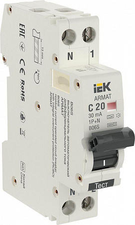 Дифференциальный автоматический выключатель IEK ARMAT B06S 2п 20А 30мА, тип A, 6кА, C