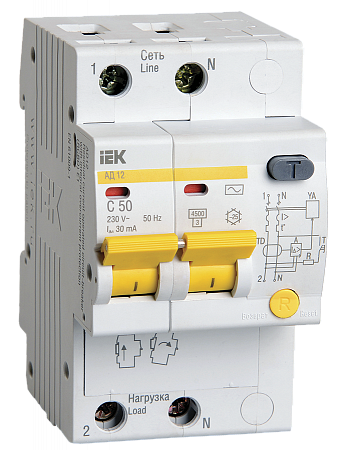 Дифференциальный автоматический выключатель IEK АД12 2П 50А 30мА, тип AC, 4.5кА, C