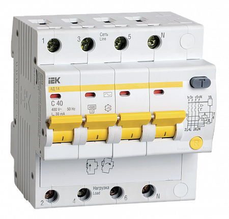 Дифференциальный автоматический выключатель IEK АД14 4П 40А 30мА, тип AC, 4.5кА, C