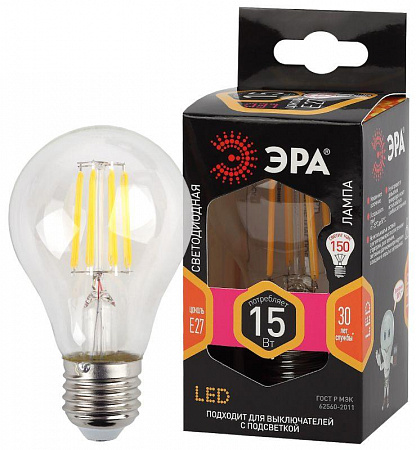 Лампа светодиодная филаментная F-LED A60-15W-827-E27 A60 15Вт груша E27 тепл. бел. Эра