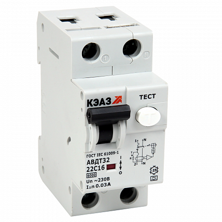 Дифференциальный автоматический выключатель КЭАЗ АВДТ32 2П 20А 30мА, тип А, 6кА, C