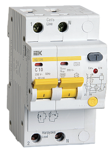 Дифференциальный автоматический выключатель IEK АД12М 2П 10А 30мА, тип A, 4.5кА, C MAD12-2-010-C-030