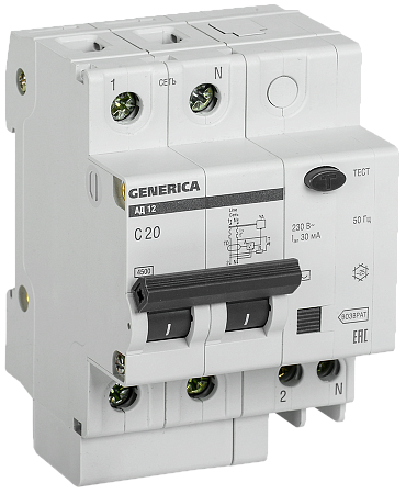 Дифференциальный автоматический выключатель IEK АД12 GENERICA 2П 20А 30мА, тип AC, 4.5кА, C