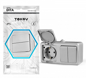 Блок открытой установки TOKOV ELECTRIC Dita IP54 серый, выключатель 2-клавишный, розетка 1-местная с заземлением TKL-DT-V2RZ-C06-IP54
