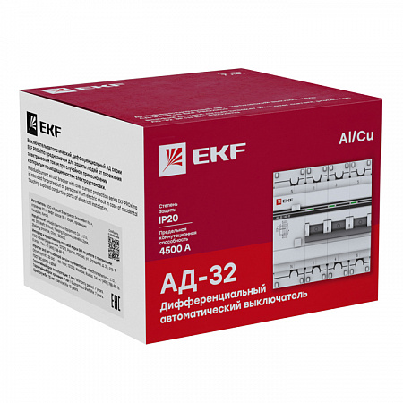Дифференциальный автоматический выключатель EKF АД-32 PROxima 3П+N 25А 30мА, тип AC, 4.5кА, C