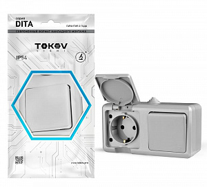 Блок открытой установки TOKOV ELECTRIC Dita IP54 серый, выключатель 1-клавишный, розетка 1-местная с заземлением TKL-DT-V1RZ-C06-IP54